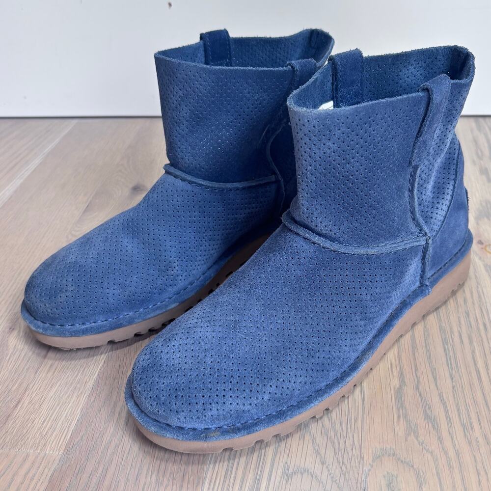 UGG Classic Unlined Mini Perf Suede Ankle Boots Pull On Slate Blue Women Size 8